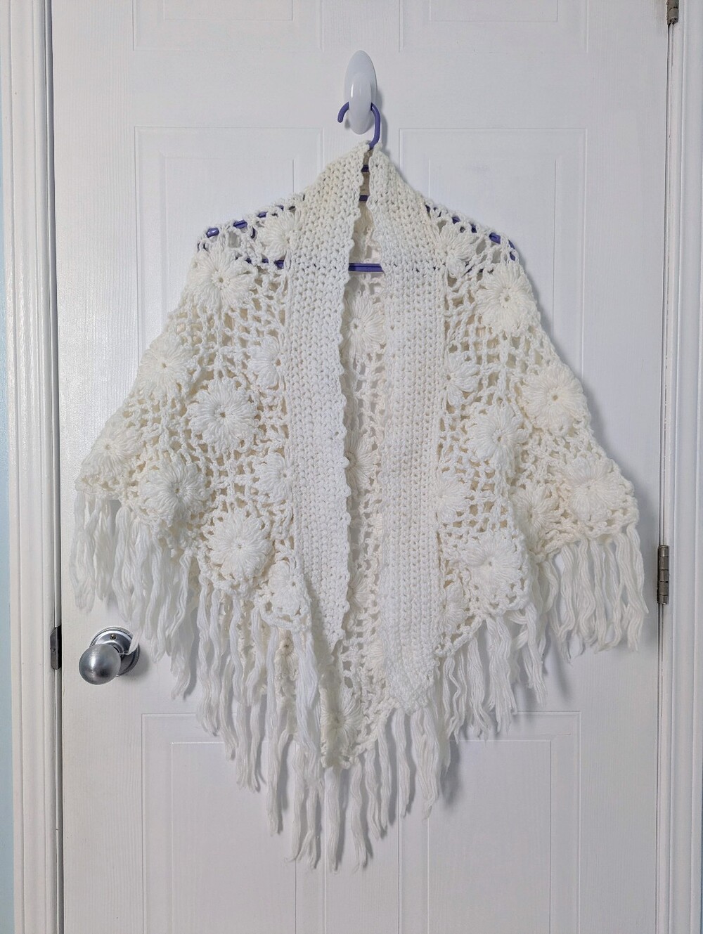 Vintage Handmade White Crochet Fringe Shawl